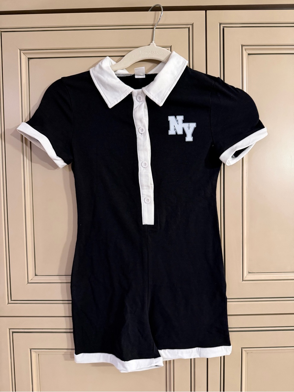 New SHEIN Black and White Polo Romper One piece bodysuit with NY Patch 9Y